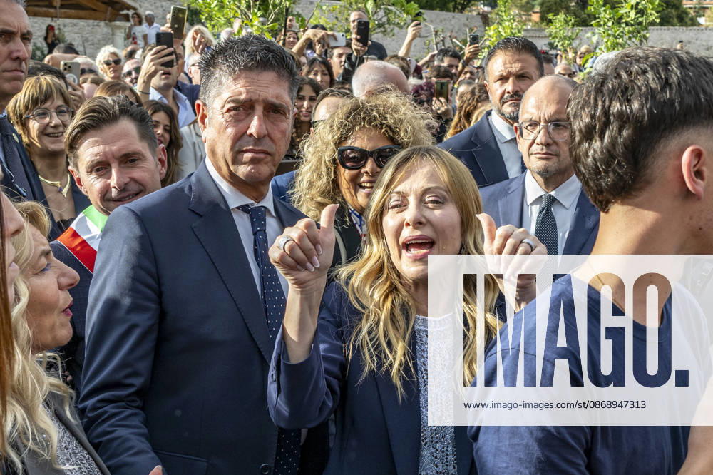 IPA89434849 - ASCOLI PICENO, ITALY OCTOBER 8, 2026: Prime Minister Giorgia Meloni attends the presentation and inauguration ceremony for the Palazzo Saladini Pilastri complex and its monumental park in Ascoli Piceno. The restoration project is part of the PINQuA program for urban regeneration and the enhancement of the citys historical heritage. (Photo: Andrea Vagnoni IPA Agency)