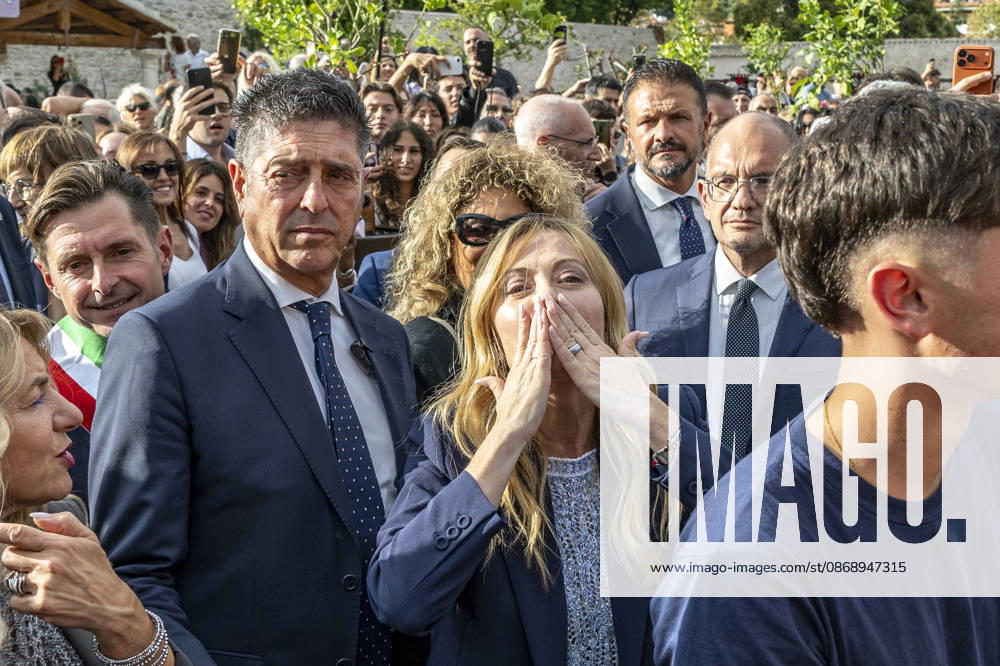 IPA89434856 - ASCOLI PICENO, ITALY OCTOBER 8, 2026: Prime Minister Giorgia Meloni attends the presentation and inauguration ceremony for the Palazzo Saladini Pilastri complex and its monumental park in Ascoli Piceno. The restoration project is part of the PINQuA program for urban regeneration and the enhancement of the citys historical heritage. (Photo: Andrea Vagnoni IPA Agency)