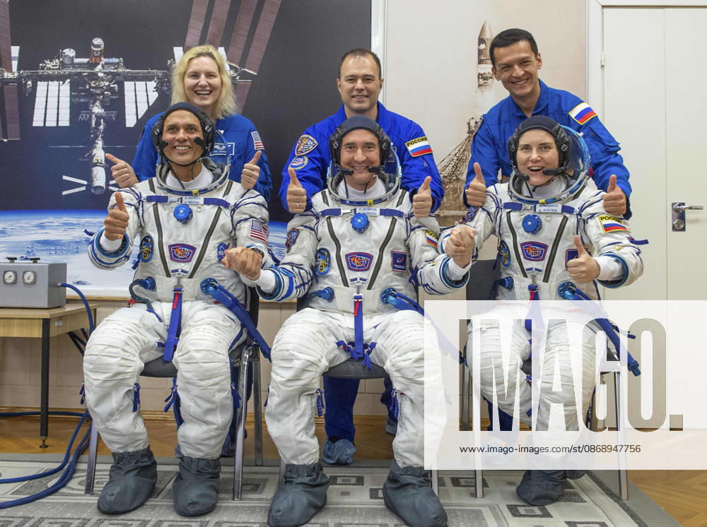 Baikonur, Kazakhstan. 14 July, 2026. Expedition 75 prime crew Anil Menon, Pyotr Dubrov and Anna Kikina, seated, pose with backup crew Deniz Burnham, Dmitry Petelin and Konstantin Borisov at the Baikonur Cosmodrome, July 14, 2026 in Baikonur, Kazakhstan. The prime crew launched to the International Space Station later that day. Baikonur Kazakhstan - ZUMAp138 20261008_zaa_p138_001