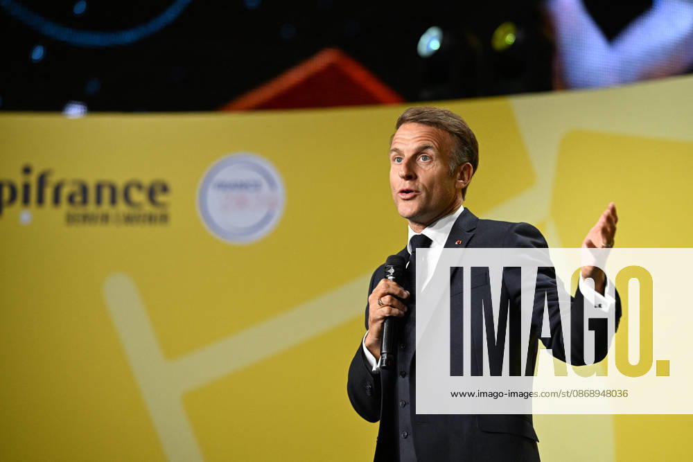 President Macron at Bpifrance Inno Generation - Paris France s President Emmanuel Macron delivers a speech on stage during the Bpifrance Inno Generation (BIG) event, one of Europe’s largest gatherings dedicated to entrepreneurs, in Paris, France on October 8, 2026. Photo by Jeanne Accorsini Pool ABACAPRESS.COM Paris France