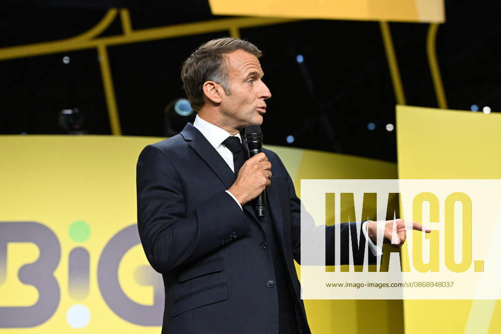 President Macron at Bpifrance Inno Generation - Paris France s President Emmanuel Macron delivers a speech on stage during the Bpifrance Inno Generation (BIG) event, one of Europe’s largest gatherings dedicated to entrepreneurs, in Paris, France on October 8, 2026. Photo by Jeanne Accorsini Pool ABACAPRESS.COM Paris France