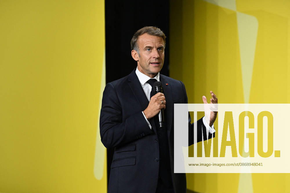 President Macron at Bpifrance Inno Generation - Paris France s President Emmanuel Macron delivers a speech on stage during the Bpifrance Inno Generation (BIG) event, one of Europe’s largest gatherings dedicated to entrepreneurs, in Paris, France on October 8, 2026. Photo by Jeanne Accorsini Pool ABACAPRESS.COM Paris France