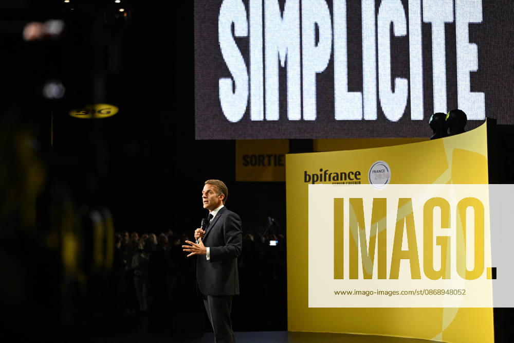 President Macron at Bpifrance Inno Generation - Paris France s President Emmanuel Macron delivers a speech on stage during the Bpifrance Inno Generation (BIG) event, one of Europe’s largest gatherings dedicated to entrepreneurs, in Paris, France on October 8, 2026. Photo by Jeanne Accorsini Pool ABACAPRESS.COM Paris France