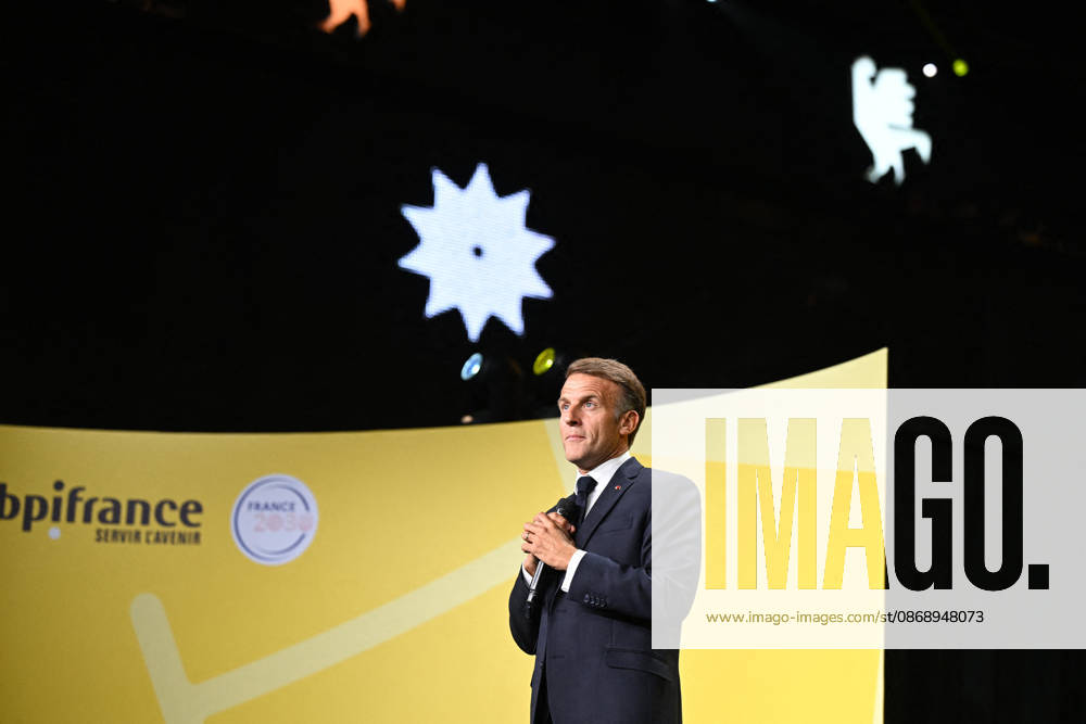 President Macron at Bpifrance Inno Generation - Paris France s President Emmanuel Macron delivers a speech on stage during the Bpifrance Inno Generation (BIG) event, one of Europe’s largest gatherings dedicated to entrepreneurs, in Paris, France on October 8, 2026. Photo by Jeanne Accorsini Pool ABACAPRESS.COM Paris France