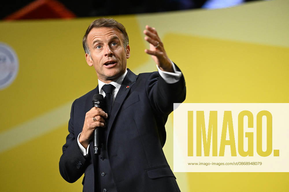President Macron at Bpifrance Inno Generation - Paris France s President Emmanuel Macron delivers a speech on stage during the Bpifrance Inno Generation (BIG) event, one of Europe’s largest gatherings dedicated to entrepreneurs, in Paris, France on October 8, 2026. Photo by Jeanne Accorsini Pool ABACAPRESS.COM Paris France
