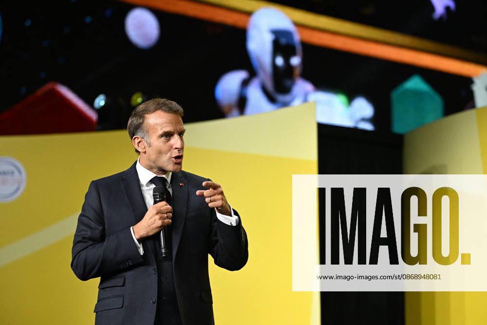 President Macron at Bpifrance Inno Generation - Paris France s President Emmanuel Macron delivers a speech on stage during the Bpifrance Inno Generation (BIG) event, one of Europe’s largest gatherings dedicated to entrepreneurs, in Paris, France on October 8, 2026. Photo by Jeanne Accorsini Pool ABACAPRESS.COM Paris France