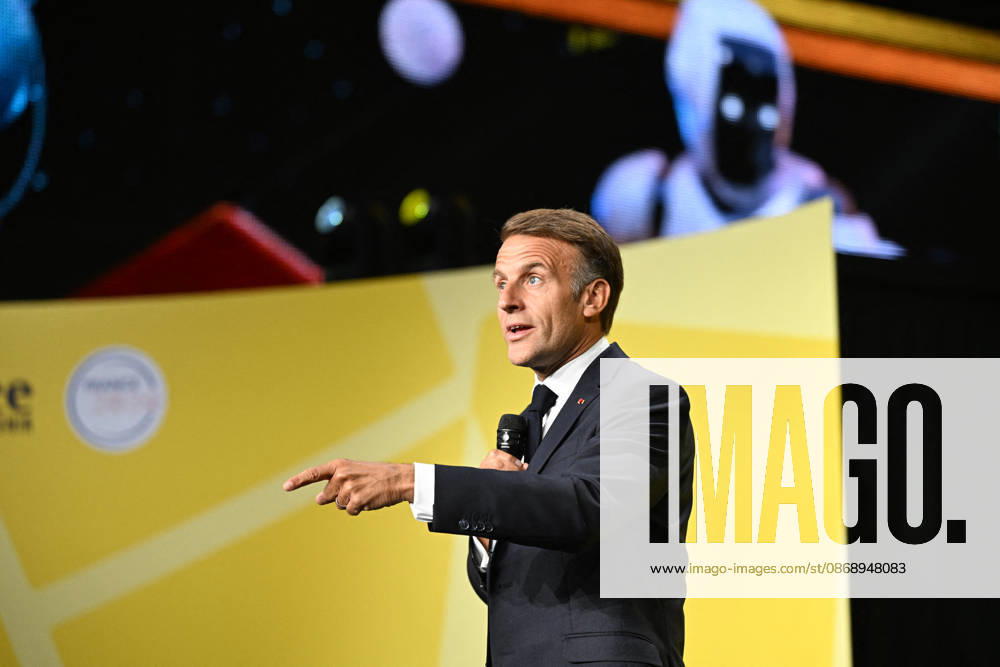 President Macron at Bpifrance Inno Generation - Paris France s President Emmanuel Macron delivers a speech on stage during the Bpifrance Inno Generation (BIG) event, one of Europe’s largest gatherings dedicated to entrepreneurs, in Paris, France on October 8, 2026. Photo by Jeanne Accorsini Pool ABACAPRESS.COM Paris France
