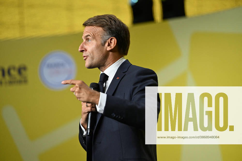 President Macron at Bpifrance Inno Generation - Paris France s President Emmanuel Macron delivers a speech on stage during the Bpifrance Inno Generation (BIG) event, one of Europe’s largest gatherings dedicated to entrepreneurs, in Paris, France on October 8, 2026. Photo by Jeanne Accorsini Pool ABACAPRESS.COM Paris France