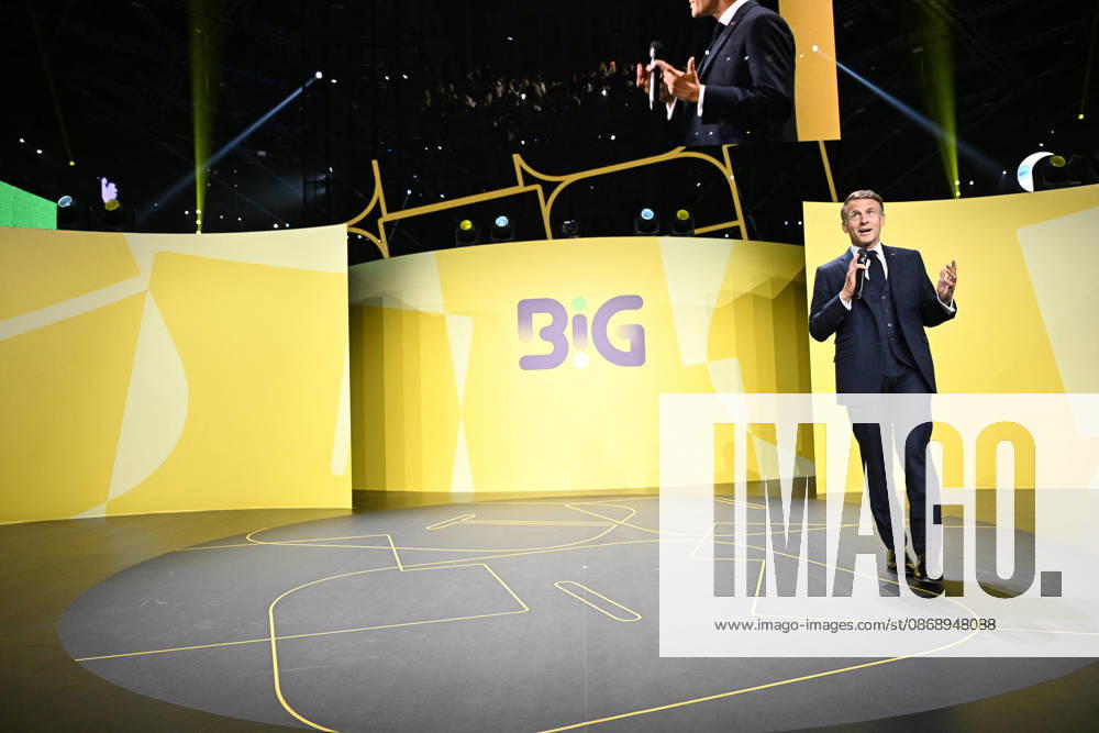 President Macron at Bpifrance Inno Generation - Paris France s President Emmanuel Macron delivers a speech on stage during the Bpifrance Inno Generation (BIG) event, one of Europe’s largest gatherings dedicated to entrepreneurs, in Paris, France on October 8, 2026. Photo by Jeanne Accorsini Pool ABACAPRESS.COM Paris France