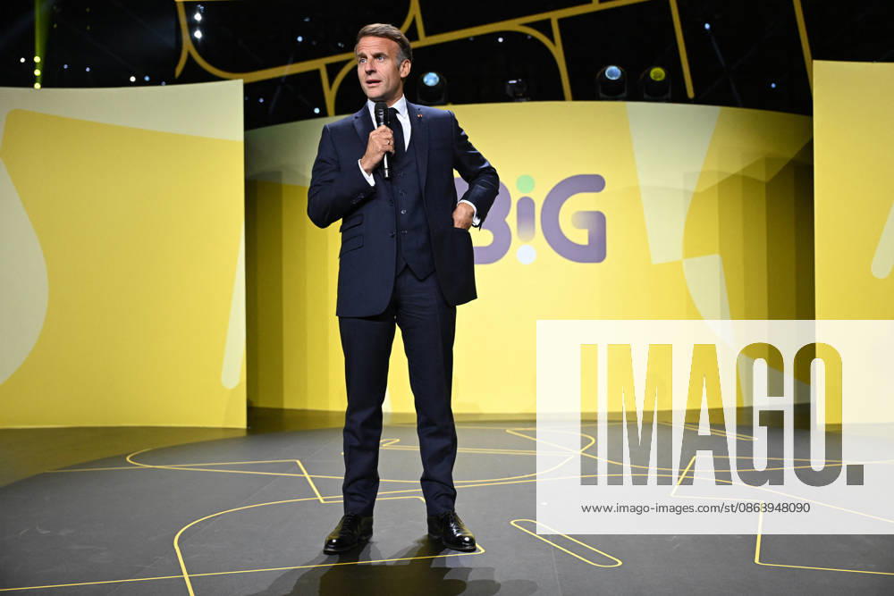 President Macron at Bpifrance Inno Generation - Paris France s President Emmanuel Macron delivers a speech on stage during the Bpifrance Inno Generation (BIG) event, one of Europe’s largest gatherings dedicated to entrepreneurs, in Paris, France on October 8, 2026. Photo by Jeanne Accorsini Pool ABACAPRESS.COM Paris France