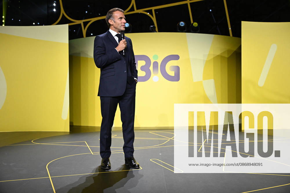 President Macron at Bpifrance Inno Generation - Paris France s President Emmanuel Macron delivers a speech on stage during the Bpifrance Inno Generation (BIG) event, one of Europe’s largest gatherings dedicated to entrepreneurs, in Paris, France on October 8, 2026. Photo by Jeanne Accorsini Pool ABACAPRESS.COM Paris France