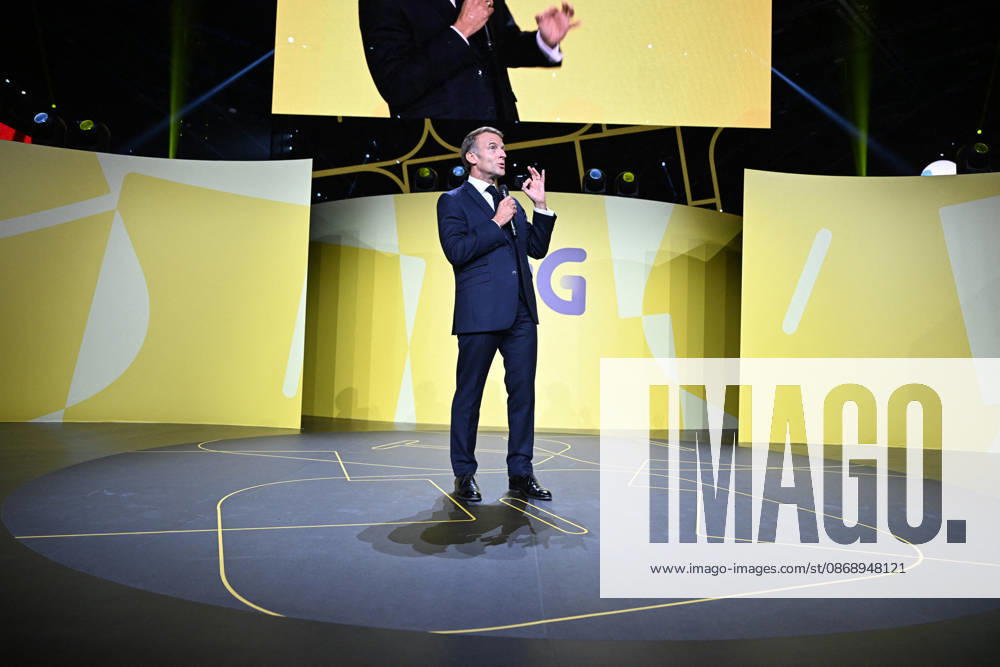 President Macron at Bpifrance Inno Generation - Paris France s President Emmanuel Macron delivers a speech on stage during the Bpifrance Inno Generation (BIG) event, one of Europe’s largest gatherings dedicated to entrepreneurs, in Paris, France on October 8, 2026. Photo by Jeanne Accorsini Pool ABACAPRESS.COM Paris France