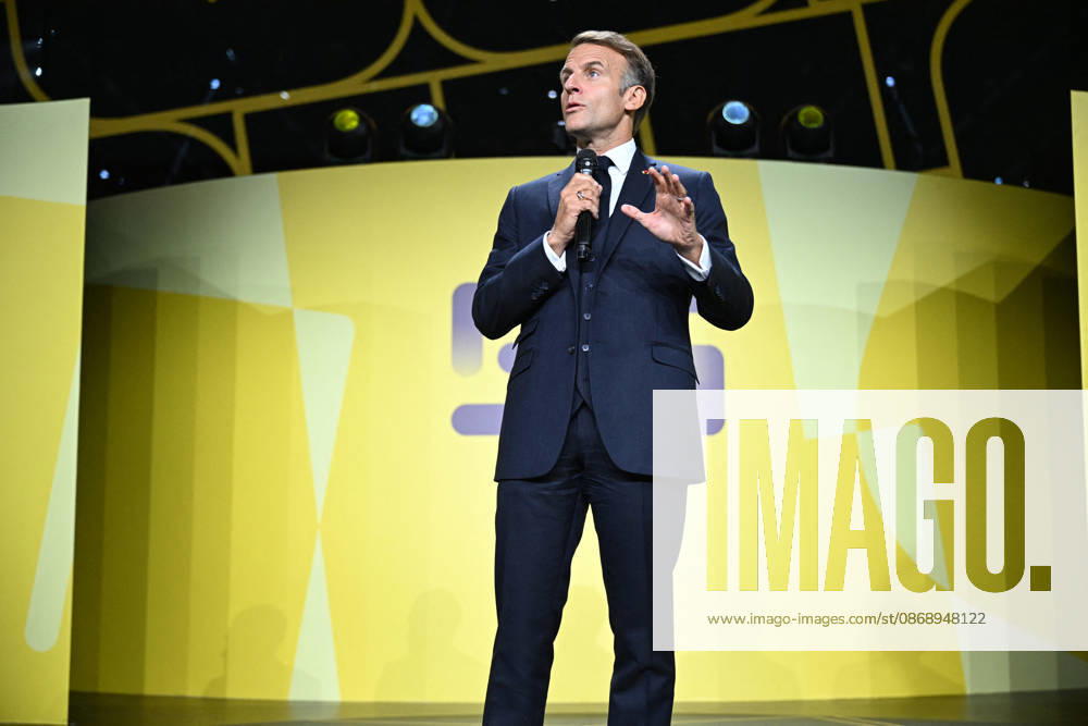 President Macron at Bpifrance Inno Generation - Paris France s President Emmanuel Macron delivers a speech on stage during the Bpifrance Inno Generation (BIG) event, one of Europe’s largest gatherings dedicated to entrepreneurs, in Paris, France on October 8, 2026. Photo by Jeanne Accorsini Pool ABACAPRESS.COM Paris France