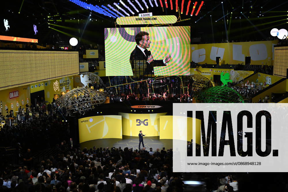 President Macron at Bpifrance Inno Generation - Paris France s President Emmanuel Macron delivers a speech on stage during the Bpifrance Inno Generation (BIG) event, one of Europe’s largest gatherings dedicated to entrepreneurs, in Paris, France on October 8, 2026. Photo by Jeanne Accorsini Pool ABACAPRESS.COM Paris France