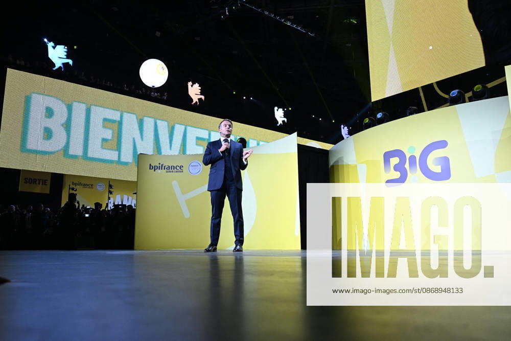 President Macron at Bpifrance Inno Generation - Paris France s President Emmanuel Macron delivers a speech on stage during the Bpifrance Inno Generation (BIG) event, one of Europe’s largest gatherings dedicated to entrepreneurs, in Paris, France on October 8, 2026. Photo by Jeanne Accorsini Pool ABACAPRESS.COM Paris France