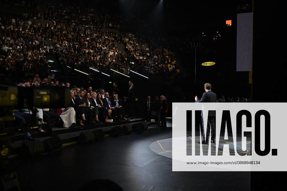 President Macron at Bpifrance Inno Generation - Paris France s President Emmanuel Macron delivers a speech on stage during the Bpifrance Inno Generation (BIG) event, one of Europe’s largest gatherings dedicated to entrepreneurs, in Paris, France on October 8, 2026. Photo by Jeanne Accorsini Pool ABACAPRESS.COM Paris France