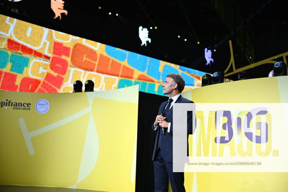 President Macron at Bpifrance Inno Generation - Paris France s President Emmanuel Macron delivers a speech on stage during the Bpifrance Inno Generation (BIG) event, one of Europe’s largest gatherings dedicated to entrepreneurs, in Paris, France on October 8, 2026. Photo by Jeanne Accorsini Pool ABACAPRESS.COM Paris France