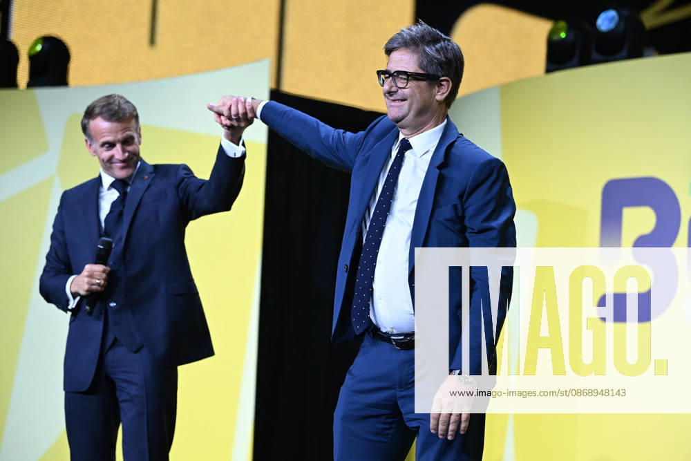 President Macron at Bpifrance Inno Generation - Paris France s President Emmanuel Macron greets General Manager of the Banque Publique d’Investissement (Bpifrance) Nicolas Dufourcq on stage during the Bpifrance Inno Generation (BIG) event, one of Europe’s largest gatherings dedicated to entrepreneurs, in Paris, France on October 8, 2026. Photo by Jeanne Accorsini Pool ABACAPRESS.COM Paris France