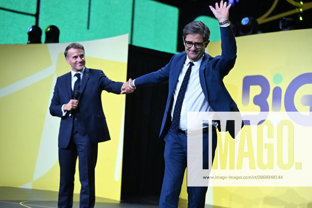 President Macron at Bpifrance Inno Generation - Paris France s President Emmanuel Macron greets General Manager of the Banque Publique d’Investissement (Bpifrance) Nicolas Dufourcq on stage during the Bpifrance Inno Generation (BIG) event, one of Europe’s largest gatherings dedicated to entrepreneurs, in Paris, France on October 8, 2026. Photo by Jeanne Accorsini Pool ABACAPRESS.COM Paris France