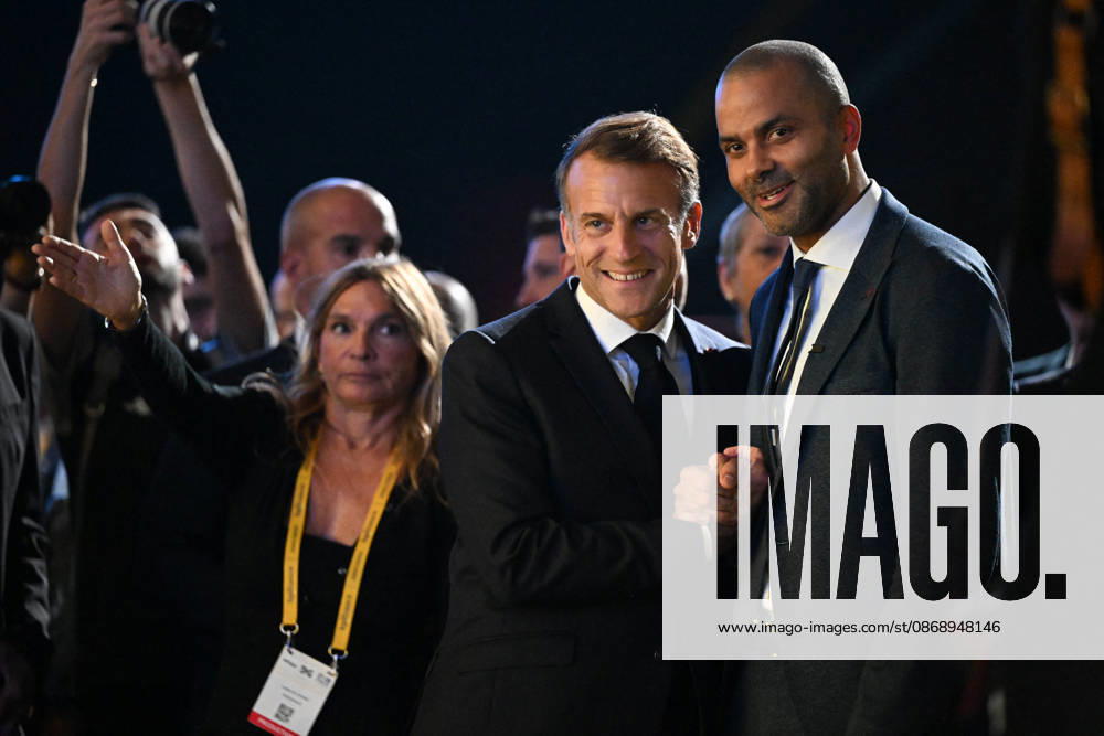 President Macron at Bpifrance Inno Generation - Paris France s President Emmanuel Macron greets basketball player Tony Parker on stage during the Bpifrance Inno Generation (BIG) event, one of Europe’s largest gatherings dedicated to entrepreneurs, in Paris, France on October 8, 2026. Photo by Jeanne Accorsini Pool ABACAPRESS.COM Paris France