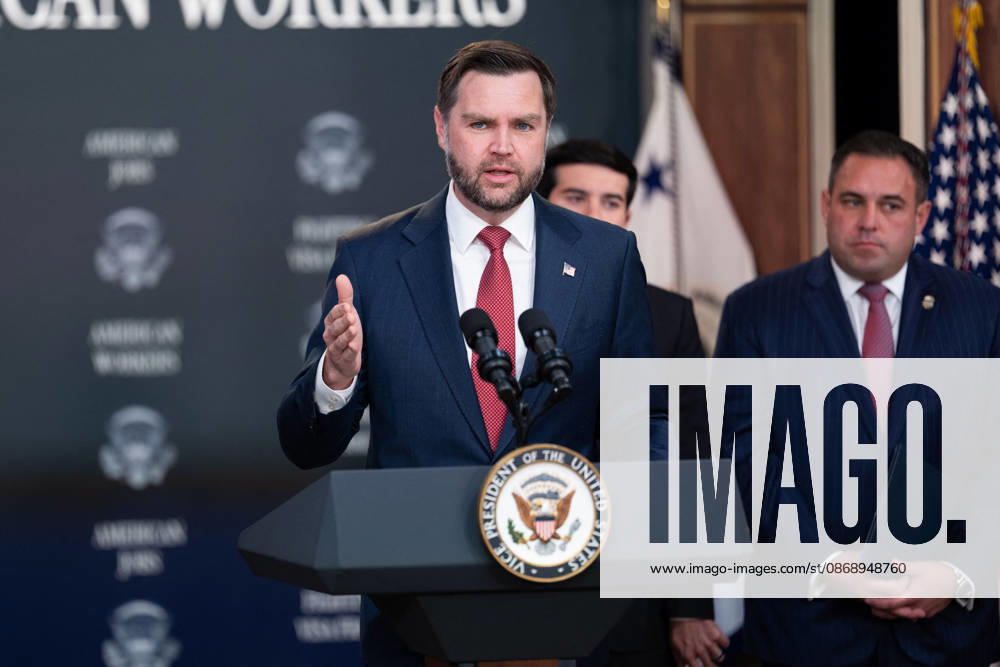 JD Vance During Immigration Program Announcement - Washington Vice President JD Vance gives remarks during an announcement in the South Court Auditorium of the Eisenhower Executive Office Building at the White House in Washington, DC, US, on Thursday, Oct. 8, 2026. The Trump administration said Thursday that it would suspend an immigration program for multiple tech firms, including Microsoft Corp., alleging widespread abuse of a worker visa system. Photo by Aaron Schwartz Pool ABACAPRESS.COM Washington District of Columbia