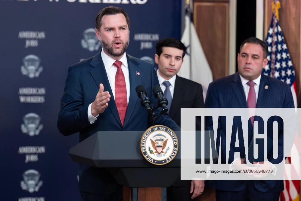 JD Vance During Immigration Program Announcement - Washington Vice President JD Vance gives remarks during an announcement in the South Court Auditorium of the Eisenhower Executive Office Building at the White House in Washington, DC, US, on Thursday, Oct. 8, 2026. The Trump administration said Thursday that it would suspend an immigration program for multiple tech firms, including Microsoft Corp., alleging widespread abuse of a worker visa system. Photo by Aaron Schwartz Pool ABACAPRESS.COM Washington District of Columbia