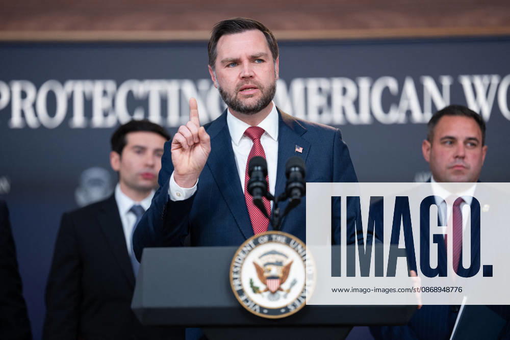 JD Vance During Immigration Program Announcement - Washington Vice President JD Vance gives remarks during an announcement in the South Court Auditorium of the Eisenhower Executive Office Building at the White House in Washington, DC, US, on Thursday, Oct. 8, 2026. The Trump administration said Thursday that it would suspend an immigration program for multiple tech firms, including Microsoft Corp., alleging widespread abuse of a worker visa system. Photo by Aaron Schwartz Pool ABACAPRESS.COM Washington District of Columbia