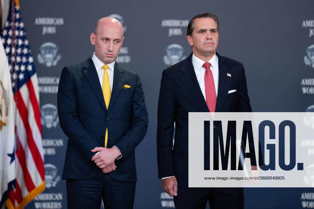 JD Vance During Immigration Program Announcement - Washington Stephen Miller, deputy White House chief of staff for policy stands with Todd Blanche, attorney general, during an announcement in the South Court Auditorium of the Eisenhower Executive Office Building at the White House in Washington, DC, US, on Thursday, Oct. 8, 2026. The Trump administration said Thursday that it would suspend an immigration program for multiple tech firms, including Microsoft Corp., alleging widespread abuse of a worker visa system. Photo by Aaron Schwartz Pool ABACAPRESS.COM Washington District of Columbia