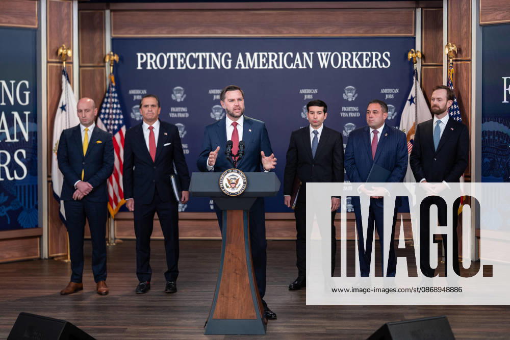 JD Vance During Immigration Program Announcement - Washington Vice President JD Vance gives remarks during an announcement in the South Court Auditorium of the Eisenhower Executive Office Building at the White House in Washington, DC, US, on Thursday, Oct. 8, 2026. The Trump administration said Thursday that it would suspend an immigration program for multiple tech firms, including Microsoft Corp., alleging widespread abuse of a worker visa system. Photo by Aaron Schwartz Pool ABACAPRESS.COM Washington District of Columbia