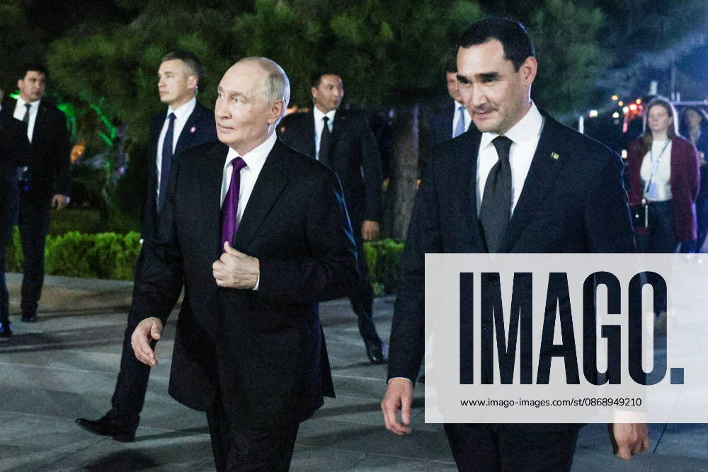 TURKMENISTAN, BALKAN PROVINCE - OCTOBER 8, 2026: Serdar Berdimuhamedow, President of Turkmenistan, welcomes his counterpart Vladimir Putin (R-L front) of Russia ahead of a meeting of the CIS (Commonwealth of Independent States) Council of Heads of State in Turkmenbasy Turkmenistan - ZUMAt113 20261008_zaa_t113_544
