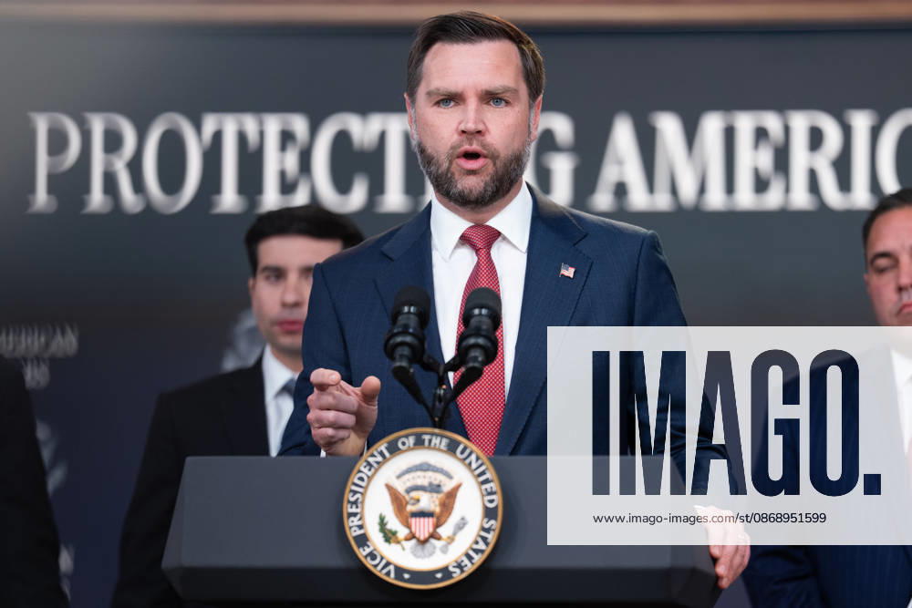 Vice President JD Vance gives remarks during an announcement in the South Court Auditorium of the Eisenhower Executive Office Building (EEOB) next to the White House in Washington, DC, on Thursday, October 8, 2026. The Trump administration said Thursday that it would suspend an immigration program for multiple tech firms, including Microsoft Corp., alleging widespread abuse of a worker visa system. WASP20261008103 AaronxSchwartz