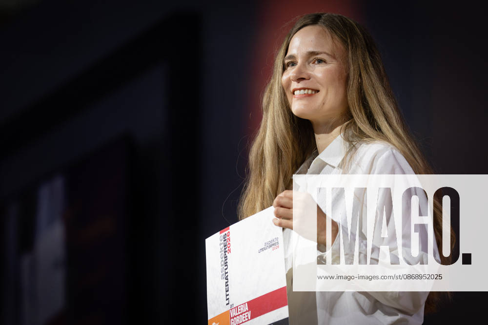 Frankfurt Book Fair 2026: Valeria Gordeev receives the 2026 aspekte Literature Prize for her book *The Cicada Emerges from Its Shiny Golden Shell*, Frankfurt am Main, Hesse, Germany, Exhibition Grounds