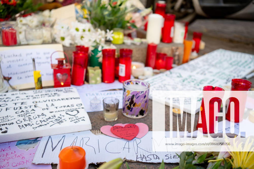 Candles and handwritten messages are seen outside the home of Maricarmen. The tribute follows the death in hospital of the 87 year old woman, whose eviction sparked protests over Spains housing crisis. Madrid, Spain, October 8, 2026 Madrid Spain - ZUMAc317 20261008_zip_c317_002