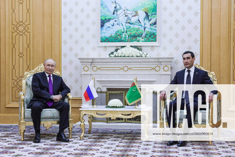 TURKMENISTAN, BALKAN PROVINCE - OCTOBER 8, 2026: Vladimir Putin (L), President of Russia, and his counterpart Serdar Berdimuhamedow of Turkmenistan hold a bilateral meeting in Turkmenbasy Turkmenistan - ZUMAt113 20261008_zaa_t113_699