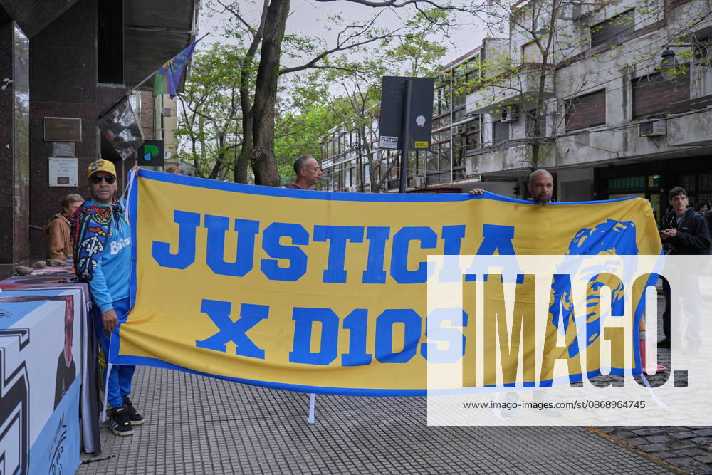 Closing arguments begin in the Maradona s death in Argentina SAN ISIDRO, ARGENTINA - OCTOBER 8: A view of banner outside of the courthouse as prosecutors and plaintiff attorneys present their closing arguments before Oral Criminal Court No. 7 in San Isidro, Argentina on October 8, 2026. The trial has entered its final stage, with the accusing parties seeking severe penalties against seven medical professionals charged with homicide with eventual intent over allegations of negligent and indifferent medical care that contributed to Maradona’s death. Luciano Gonzalez Anadolu San Isidro Argentina. Editorial use only. Please get in touch for any other usage.
