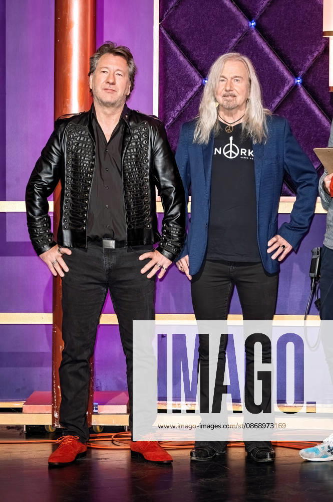 MDR Riverboat singer Claudius Dreilich and guitarist Bernd Römer of KARAT during the taping of the MDR talk show Riverboat on October 8, 2026, at Mediacity Leipzig 20261008SFL0058