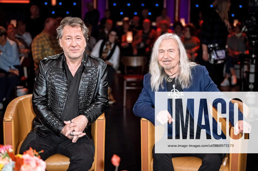 MDR Riverboat singer Claudius Dreilich and guitarist Bernd Römer of KARAT during the taping of the MDR talk show Riverboat on October 8, 2026, at Mediacity Leipzig 20261008SFL0064