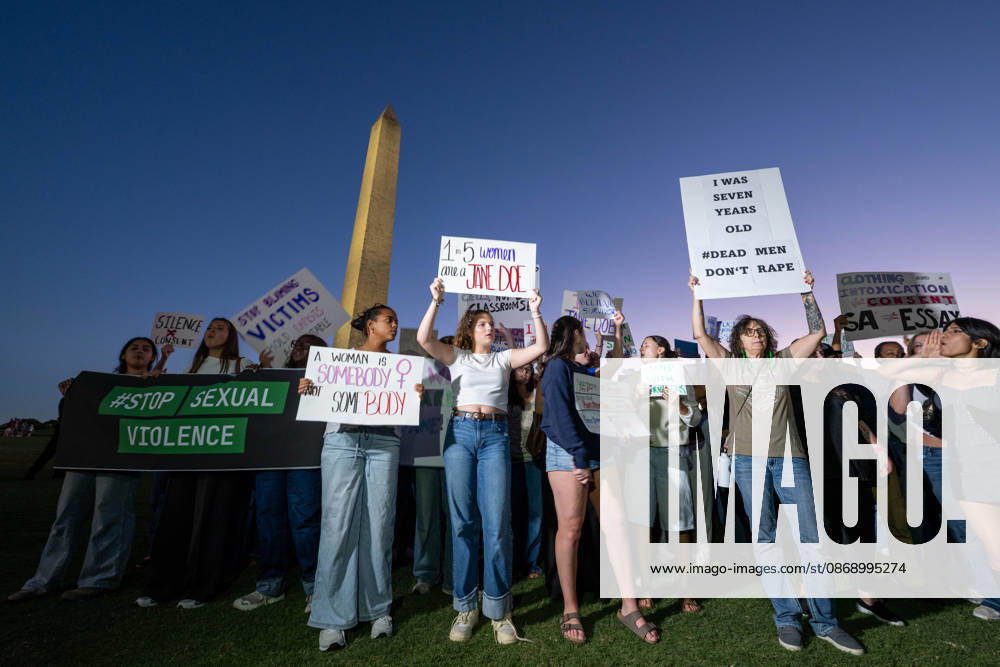Demonstrators gather near the Washington Monument during a nationwide day of action against sexual violence in Washington. The demonstration is part of the Ã¢â‚¬oeI Am Jane DoeÃ¢â‚¬Â movement supporting a former Cornell University student who alleges she was sexually assaulted by members of a fraternity in 2024. Washington United States - ZUMAk206 20261008_znp_k206_025