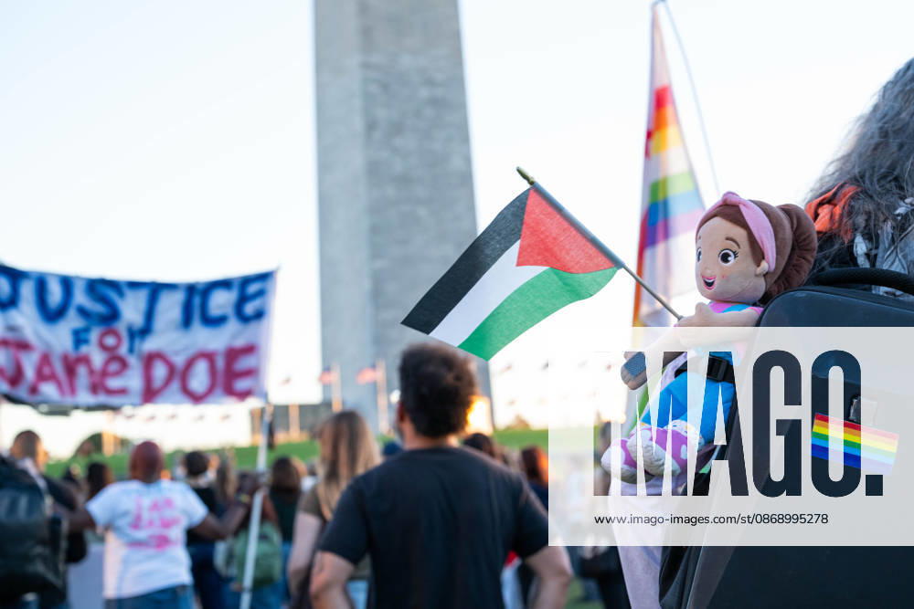 A stuffed plush toy holds a Palestinian flag during the â€oeI Am Jane Doe†protest near the Washington Monument in Washington on October 8, 2026. Washington United States - ZUMAk206 20261008_znp_k206_027