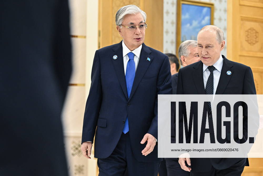 TURKMENISTAN, BALKAN PROVINCE - OCTOBER 9, 2026: Kazakhstan s President Kassym-Jomart Tokayev (L) and Russia s President Vladimir Putinahead of a photo op for participants of a meeting of the CIS Council of Heads of State in Turkmenbasy Turkmenistan - ZUMAt113 20261009_zaa_t113_019