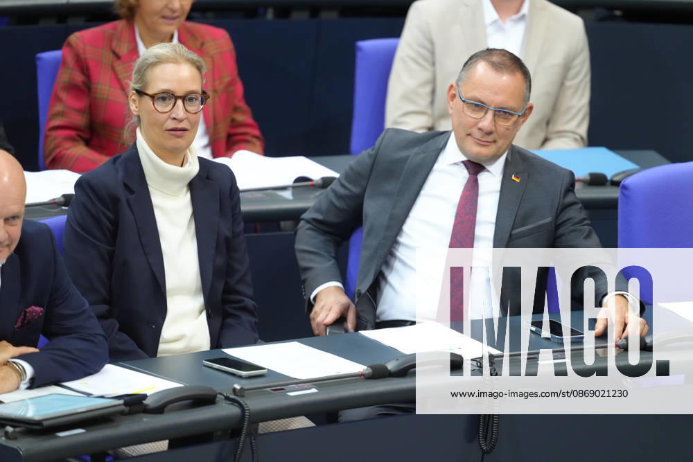 German Bundestag, 100th Plenary Session: AfD leaders Alice Weidel and Tino Chrupalla at their seats in the plenary chamber during the 100th session of the German Bundestag in Berlin, October 9, 2026, Berlin, Germany