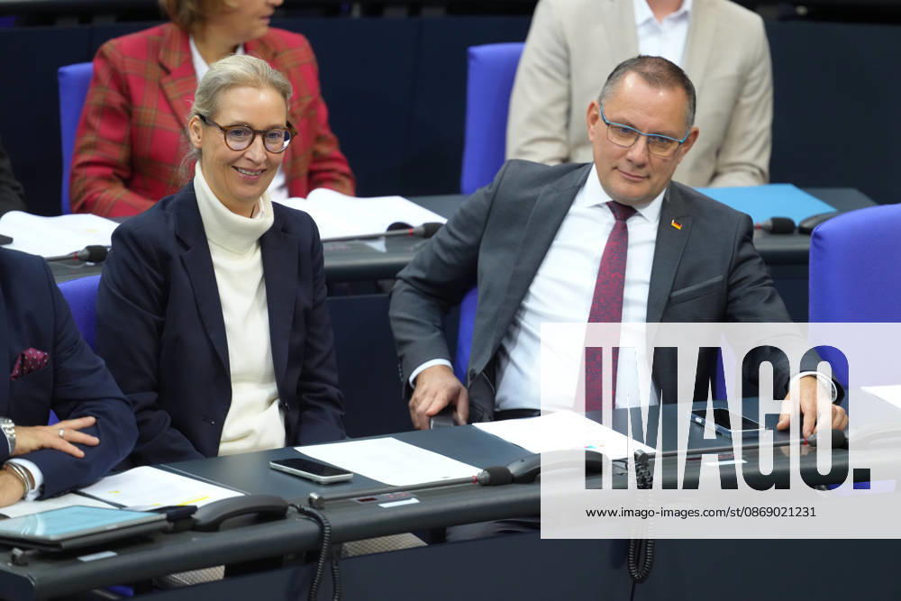 German Bundestag, 100th Plenary Session: AfD leaders Alice Weidel and Tino Chrupalla at their seats in the plenary chamber during the 100th session of the German Bundestag in Berlin, October 9, 2026, Berlin, Germany
