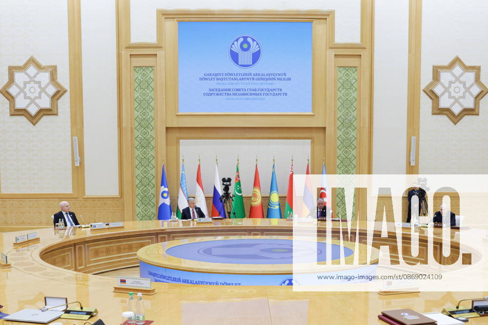 TURKMENISTAN, BALKAN PROVINCE - OCTOBER 9, 2026: Russia s President Vladimir Putin, Tajikistan s President Emomali Rahmon, Uzbekistan s President Shavkat Mirziyoyev and CIS Secretary General Sergei Lebedev (R-L) attend a meeting of the CIS Council of Heads of State in Turkmenbashi Turkmenistan - ZUMAt113 20261009_zaa_t113_036