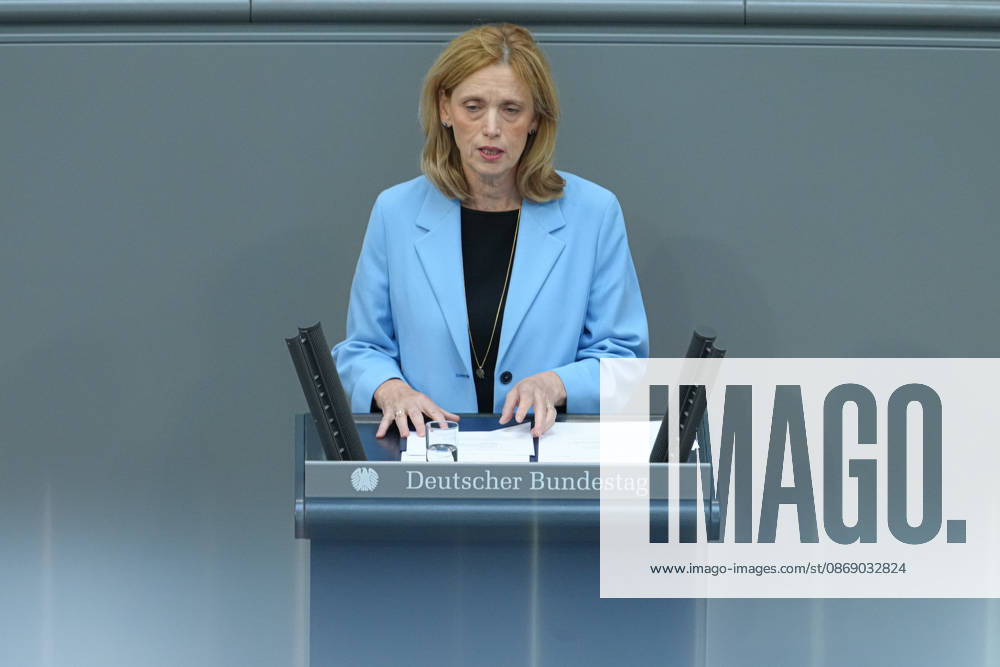 German Bundestag, 100th Plenary Session: A portrait of Karin Prien, Federal Minister of Education, Family, Senior Citizens, Women, and Youth, as she delivers her speech on the Equal Opportunities and Quality Development Act during the 100th session of the German Bundestag in Berlin, October 9, 2026, Berlin, Berlin, Germany