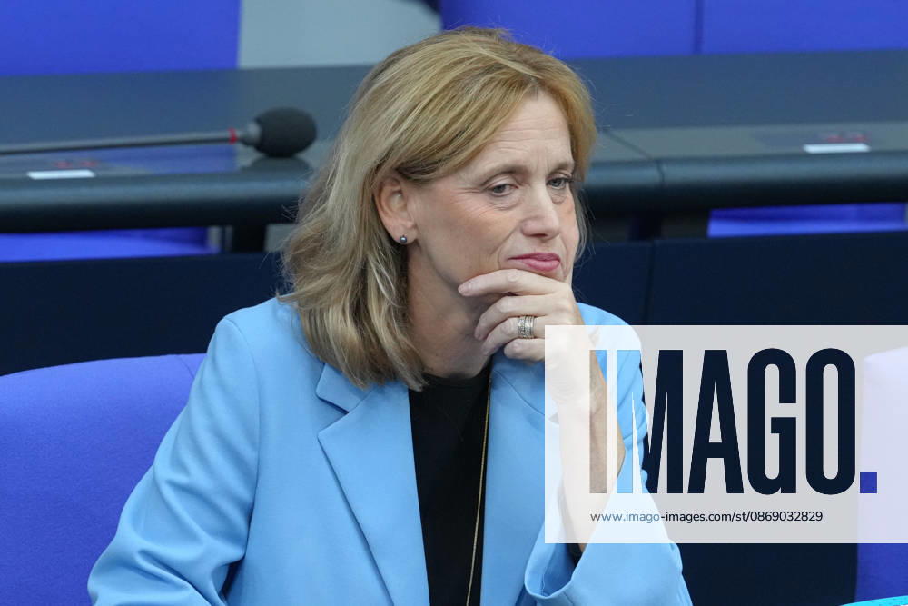 German Bundestag, 100th Plenary Session: Karin Prien (CDU), Federal Minister of Education, Family, Senior Citizens, Women, and Youth, pictured on the government bench during the 100th session of the German Bundestag in Berlin, October 9, 2026, Berlin, Germany
