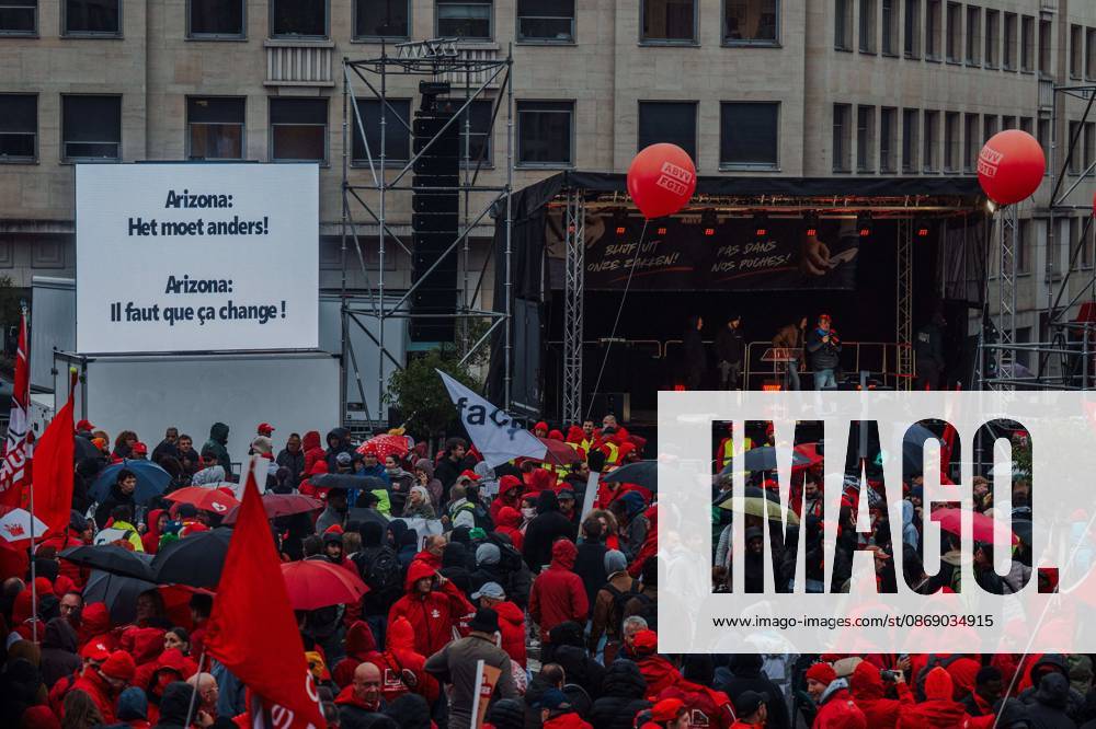 Protesters pictured during a national manifestation against the Federal Government s budgetary measures, under the Keep your hands out of our pockets! (Blijf uit onze zakken! - Pas dans nos poches) moniker, organised by the trade unions on Friday 9 October 2026 in Brussels. EMILExWINDAL 189235008