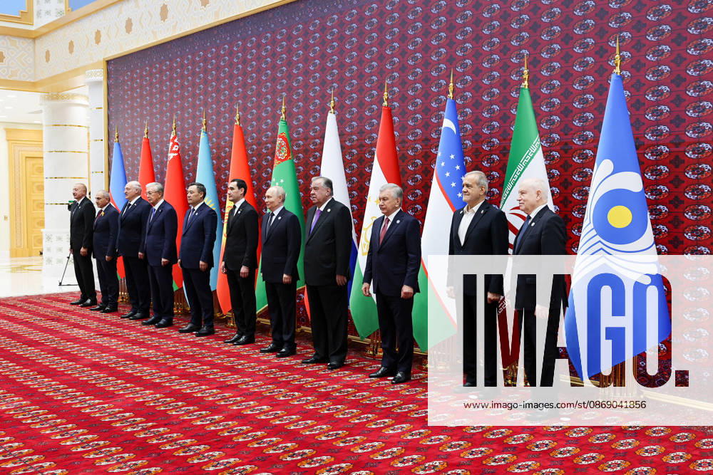 Commonwealth of Independent States Summit in Turkmenistan TURKMENBASHI, TURKMENISTAN - OCTOBER 09: (---- - MANDATORY CREDIT - IRANIAN PRESIDENCY HANDOUT - NO MARKETING NO ADVERTISING CAMPAIGNS - DISTRIBUTED AS A SERVICE TO CLIENTS----) Azerbaijani President Ilham Aliyev (L), Armenian Prime Minister Nikol Pashinyan (2nd L), Belarusian President Alexander Lukashenko (3rd L), Kazakh President Kassym-Jomart Tokayev (4th L), Kyrgyz President Sadyr Japarov (5th L), Turkmen President Serdar Berdimuhamedov (6th L), Russian President Vladimir Putin (5th R), Tajik President Emomali Rahmon (4th R), Uzbek President Shavkat Mirziyoyev (3rd R), and Iranian President Masoud Pezeshkian (2nd R) pose for a family photo during the Common