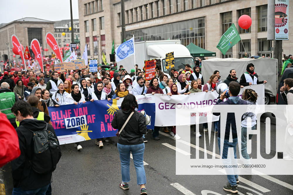 Strike in Belgium disrupts transport BRUSSELS, BELGIUM - OCTOBER 9: Demonstrators carrying trade union flags gather in a central square in Brussels, Belgium on October 9, 2026, during a nationwide strike protesting proposed federal austerity measures and public spending cuts. Organized by major trade union confederations ABVV-FGTB and ACV-CSC, the mass rally coincided with severe transportation disruptions across the country, including approximately 140 flight cancellations at Brussels Airport. Dursun Aydemir Anadolu Brussels Belgium. Editorial use only. Please get in touch for any other usage.