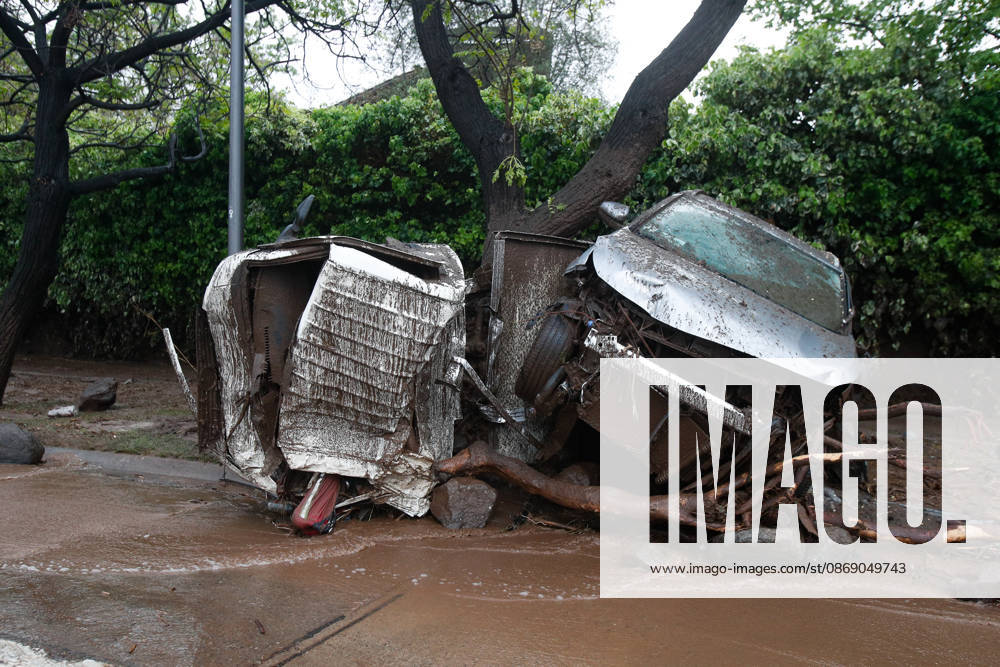 Santiago, October 9, 2026: Consequences of a mudslide that affected the area from San Carlos de Apoquindo to Los Dominicos in the Las Condes district, causing widespread damage and sweeping away vehicles and people. Diego Martin Aton, Chile, Aton 1198097 jpeg