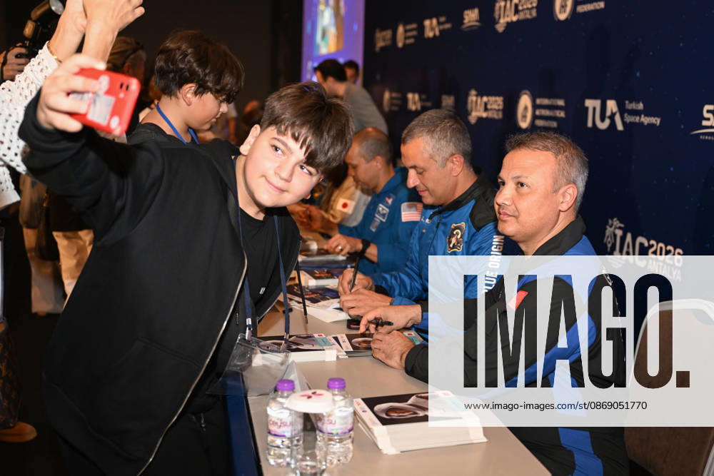Astronauts meet visitors at autograph session during International Astronautical Congress ANTALYA, TURKIYE - OCTOBER 09: Astronauts from various countries meet visitors during an autograph session on Public Day of the 77th International Astronautical Congress (IAC 2026) at the NEST Congress Center in Antalya, Turkiye, on October 09, 2026. Organized by the International Astronautical Federation (IAF) under the coordination of the Ministry of Industry and Technology and hosted by the Turkish Space Agency (TUA) and SAHA Istanbul, the congress opens its doors to the public on its final day. Muhammed Abdullah Kurtar Anadolu Antalya Turkey. Editorial use only. Please get in touch for any other usage.